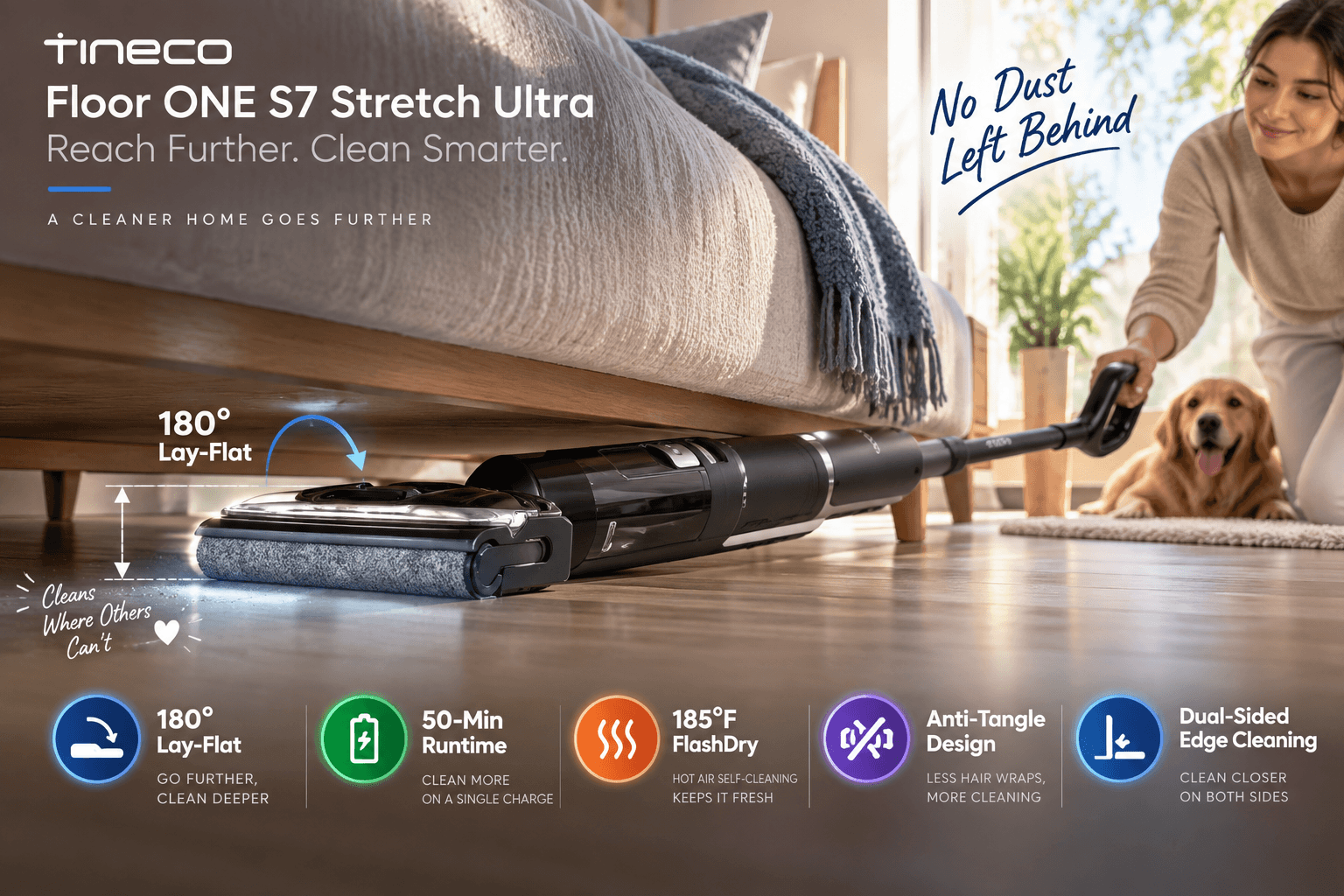 Tineco Floor ONE S7 Stretch Ultra cleaning beneath low furniture with a 180° lay-flat design, highlighting 50-minute runtime, 185°F FlashDry, anti-tangle technology, and dual-sided edge cleaning.