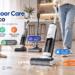 Tineco smart floor cleaners displayed in a bright modern home, featuring wet and dry cleaning, lay-flat reach, self-cleaning, and edge-to-edge cleaning with colorful feature callouts.