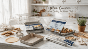 A comprehensive collection of Ultra Cuisine baking tools, including multi-tiered cooling racks, baking pans, and a French rolling pin, arranged on a kitchen counter with dough and baked cookies. Text overlay reads: "Ultra Cuisine - Pro Quality for Home Chefs."