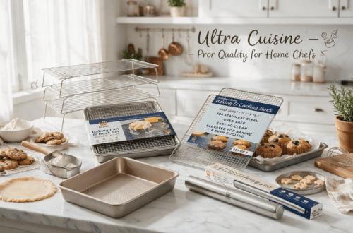 A comprehensive collection of Ultra Cuisine baking tools, including multi-tiered cooling racks, baking pans, and a French rolling pin, arranged on a kitchen counter with dough and baked cookies. Text overlay reads: "Ultra Cuisine - Pro Quality for Home Chefs."