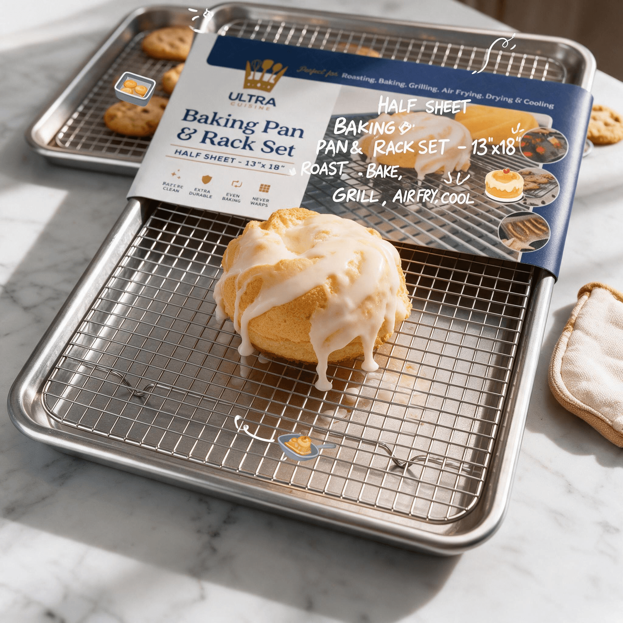 A close-up of an Ultra Cuisine 13x18 inch half-sheet baking pan and wire cooling rack holding a glazed bundt cake. Text highlights features: roast, bake, grill, air fry, and cool.