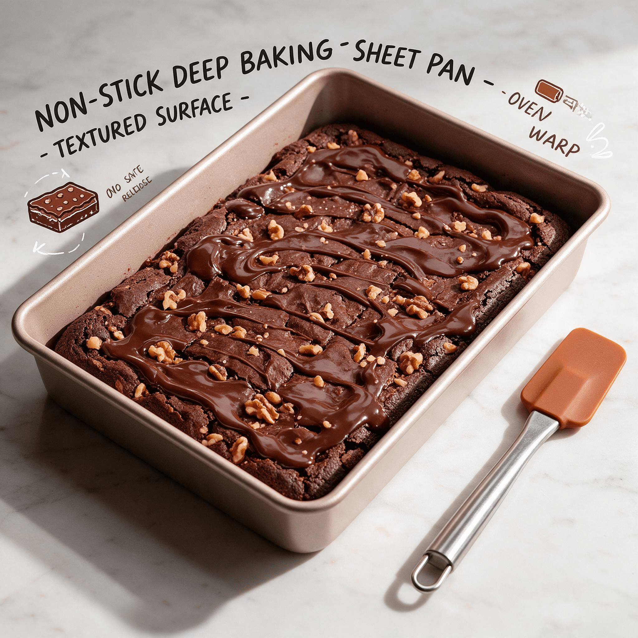 A baked brownie topped with chocolate drizzle and chopped walnuts inside a deep, textured baking pan, next to a silicone spatula. Text overlay highlights: Non-stick deep baking sheet pan, textured surface, oven safe, and no warp.