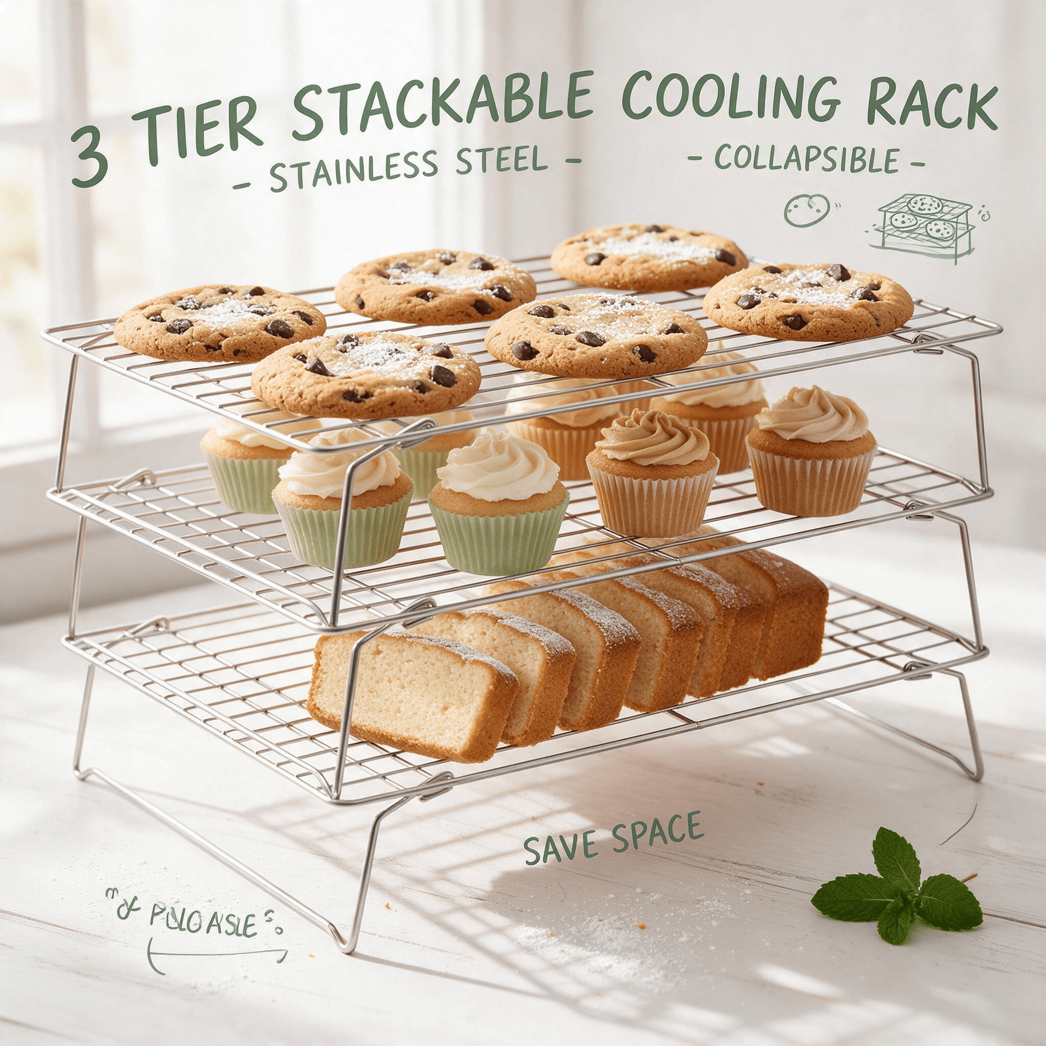 An Ultra Cuisine 3-tier stackable stainless steel cooling rack fully loaded with chocolate chip cookies, frosted cupcakes, and sliced pound cake. Text emphasizes it is collapsible and saves space.