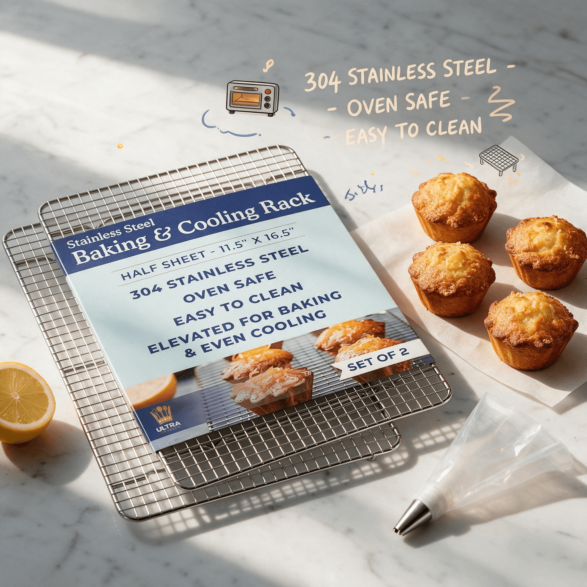 An Ultra Cuisine 11.5x16.5 inch stainless steel half-sheet baking and cooling rack next to baked muffins. Callout text notes it is made of 304 stainless steel, oven-safe, and easy to clean.