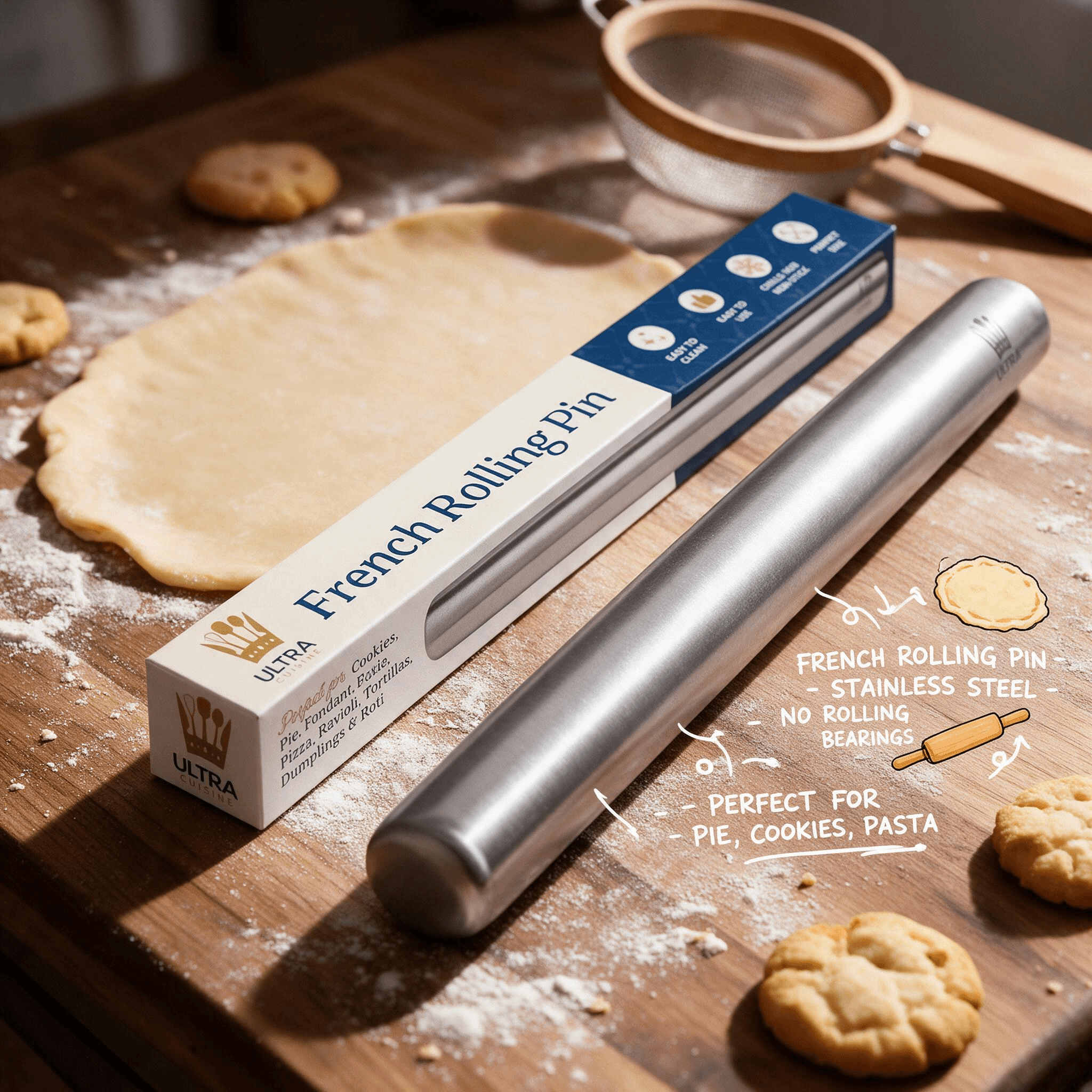 A sleek Ultra Cuisine stainless steel French rolling pin resting on a floured wooden board next to its blue packaging box, rolled dough, and baked cookies. Text highlights its design has no rolling bearings and is perfect for pie, cookies, and pasta.