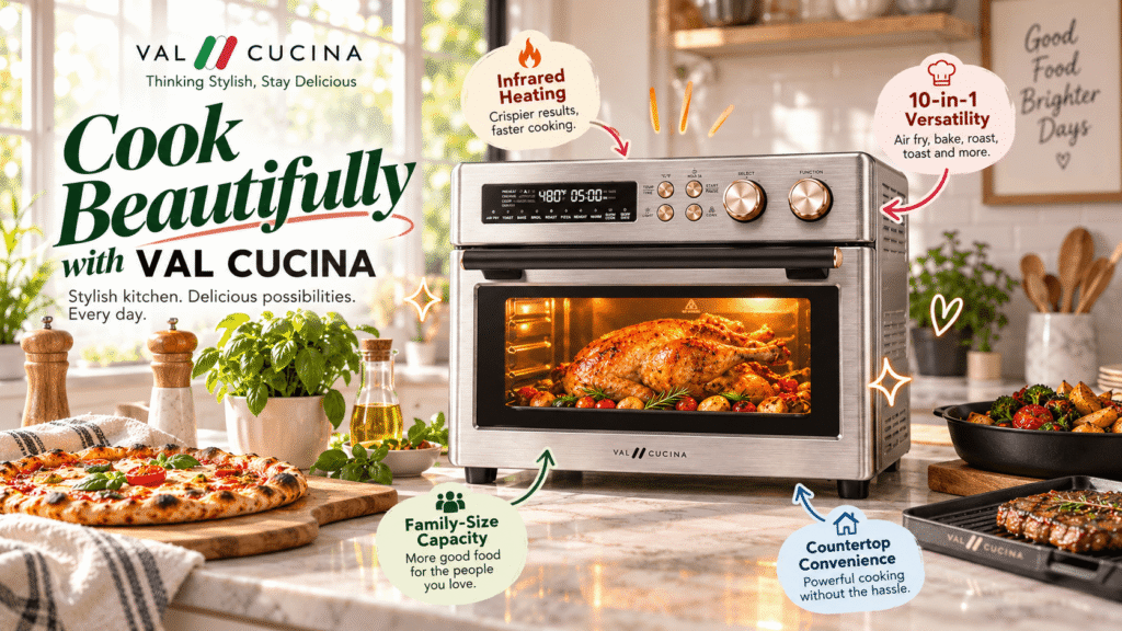 VAL CUCINA stainless steel air fryer toaster oven in a bright modern kitchen, shown roasting chicken with pizza, grilled steak and vegetables nearby. Graphic callouts highlight infrared heating, 10-in-1 versatility, family-size capacity and countertop convenience.
