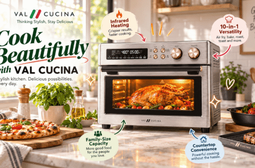 VAL CUCINA stainless steel air fryer toaster oven in a bright modern kitchen, shown roasting chicken with pizza, grilled steak and vegetables nearby. Graphic callouts highlight infrared heating, 10-in-1 versatility, family-size capacity and countertop convenience.