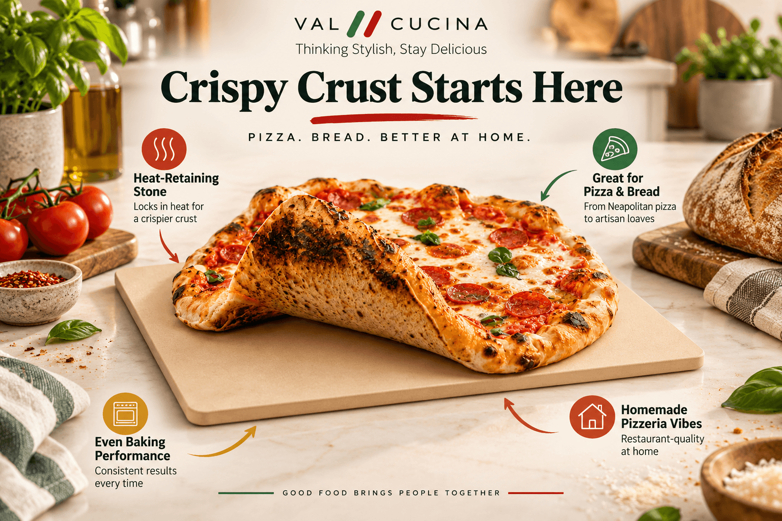 VAL CUCINA rectangular pizza stone topped with a freshly baked pizza featuring a crisp, charred crust in a stylish kitchen. Callouts highlight heat retention, even baking, suitability for pizza and bread, and homemade pizzeria-style results.