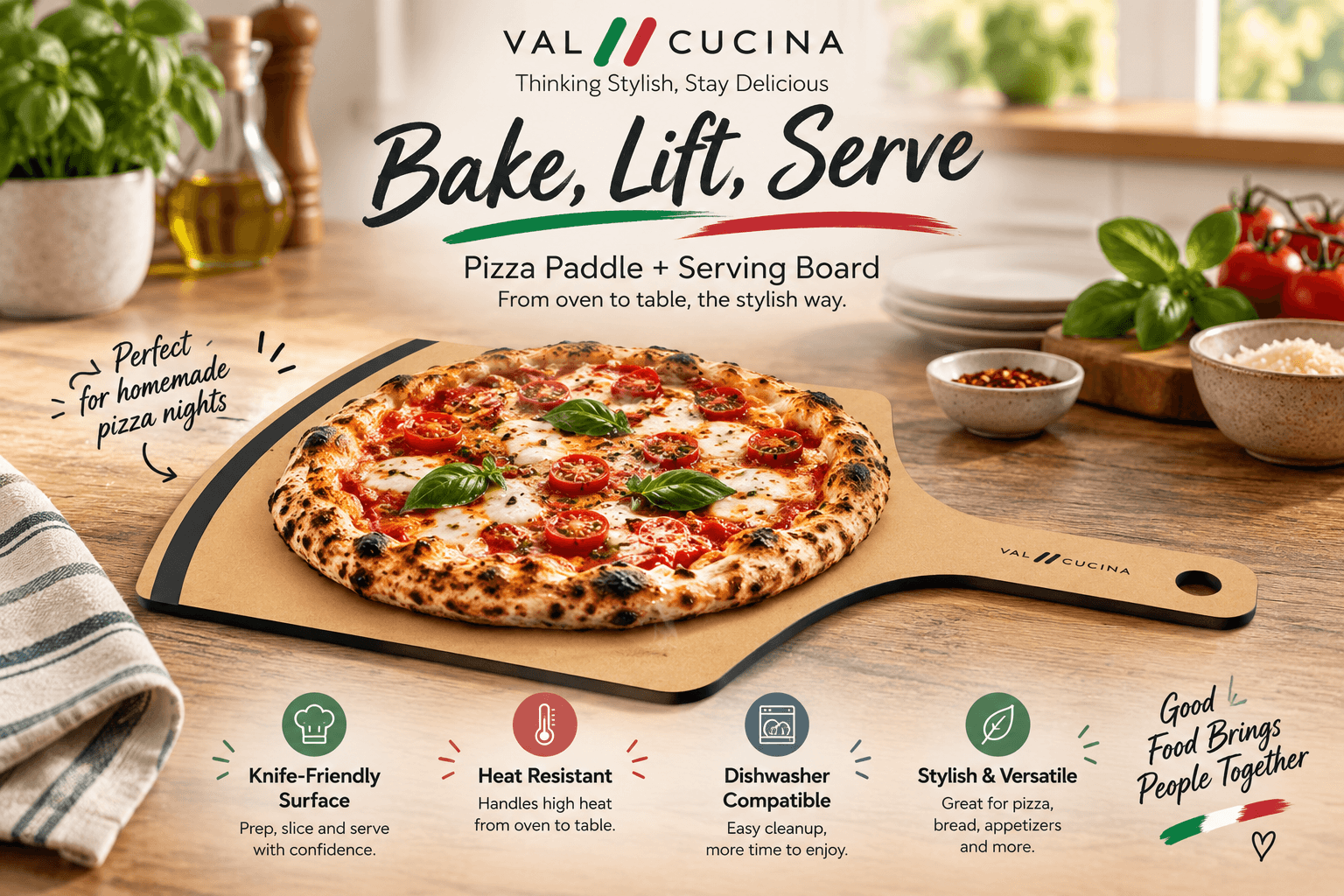 VAL CUCINA wood-fiber pizza peel and serving board holding a freshly baked pizza on a rustic kitchen table. Promotional icons highlight the knife-friendly surface, heat resistance, dishwasher compatibility and versatile use for pizza, bread and appetizers.