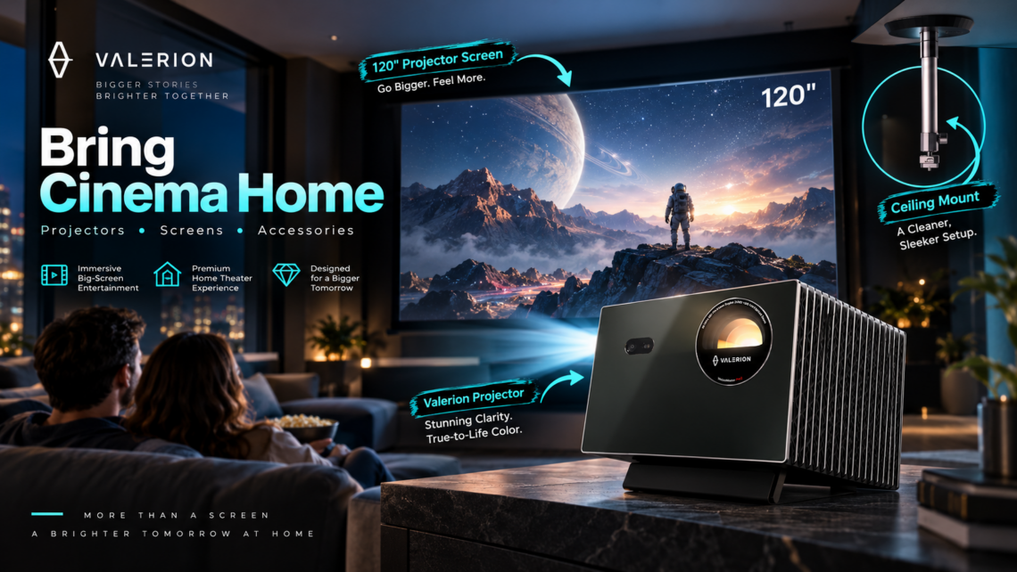 Valerion home theater promotional scene featuring the VisionMaster projector, a 120-inch projection screen and ceiling mount in a modern living room, with “Bring Cinema Home” messaging and cinematic lifestyle callouts.