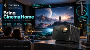 Valerion home theater promotional scene featuring the VisionMaster projector, a 120-inch projection screen and ceiling mount in a modern living room, with “Bring Cinema Home” messaging and cinematic lifestyle callouts.