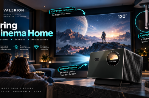 Valerion home theater promotional scene featuring the VisionMaster projector, a 120-inch projection screen and ceiling mount in a modern living room, with âBring Cinema Homeâ messaging and cinematic lifestyle callouts.
