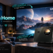 Valerion home theater promotional scene featuring the VisionMaster projector, a 120-inch projection screen and ceiling mount in a modern living room, with “Bring Cinema Home” messaging and cinematic lifestyle callouts.