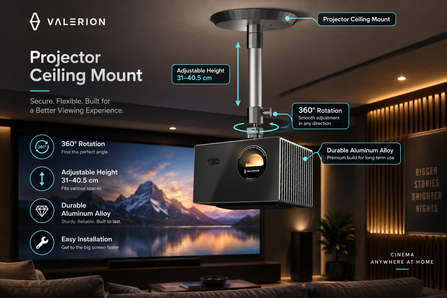 Valerion projector ceiling mount installed in a premium home theater, holding a projector above the viewing area. Callouts highlight 360° rotation, 31â40.5 cm adjustable height, durable aluminum alloy and easy installation.