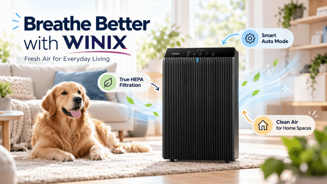 WINIX black air purifier in a bright modern living room beside a golden retriever, with illustrated blue airflow, green leaves, and callouts highlighting “Breathe Better with WINIX,” True HEPA Filtration, Smart Auto Mode, and clean air for home spaces.