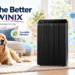 WINIX black air purifier in a bright modern living room beside a golden retriever, with illustrated blue airflow, green leaves, and callouts highlighting “Breathe Better with WINIX,” True HEPA Filtration, Smart Auto Mode, and clean air for home spaces.