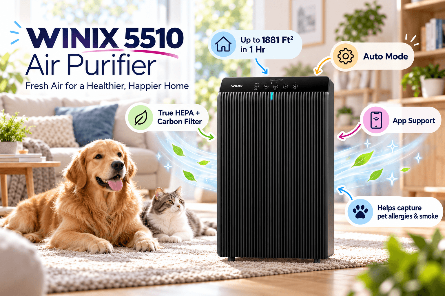 WINIX 5510 black air purifier in a sunny living room with a golden retriever and cat. Feature callouts highlight coverage up to 1,881 ft² in one hour, True HEPA + Carbon Filter, Auto Mode, App Support, and capture of pet allergens and smoke.