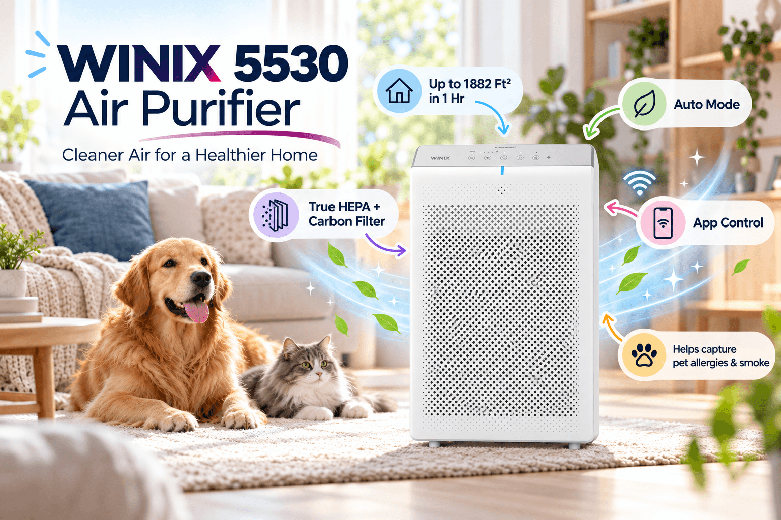 WINIX 5530 white air purifier in a bright cozy living room with a dog and cat, surrounded by illustrated airflow and leaves. Callouts show up to 1,882 ft² coverage in one hour, True HEPA + Carbon Filter, Auto Mode, App Control, and help capturing pet allergens and smoke.