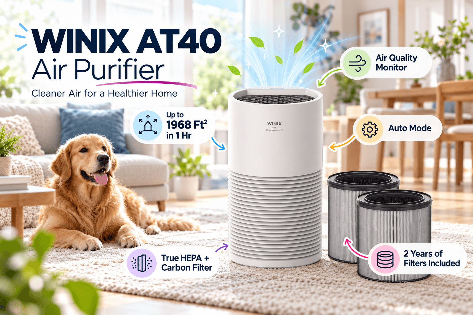 WINIX AT40 white cylindrical air purifier with two replacement filters displayed in a bright living room beside a golden retriever. Callouts highlight up to 1,968 ft² coverage in one hour, Air Quality Monitor, Auto Mode, True HEPA + Carbon Filter, and two years of filters included.