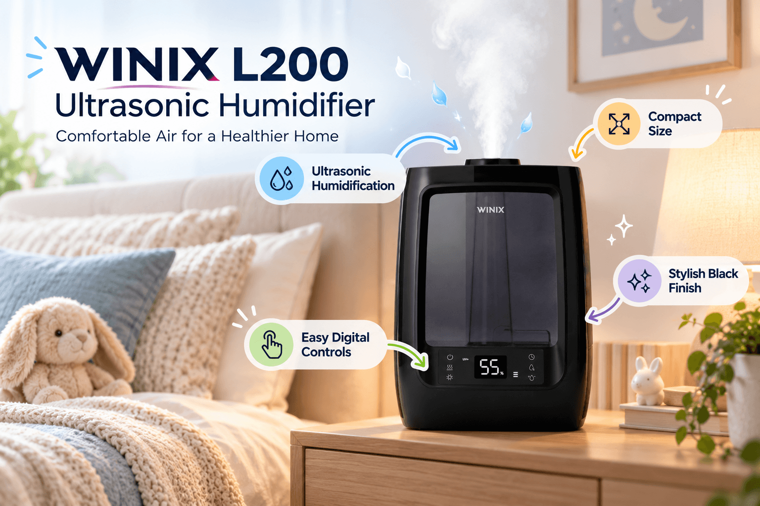 WINIX L200 black ultrasonic humidifier on a wooden bedside table in a cozy bedroom, releasing visible mist beside warm bedding and bunny decor. Callouts highlight Ultrasonic Humidification, Compact Size, Easy Digital Controls, and a Stylish Black Finish.