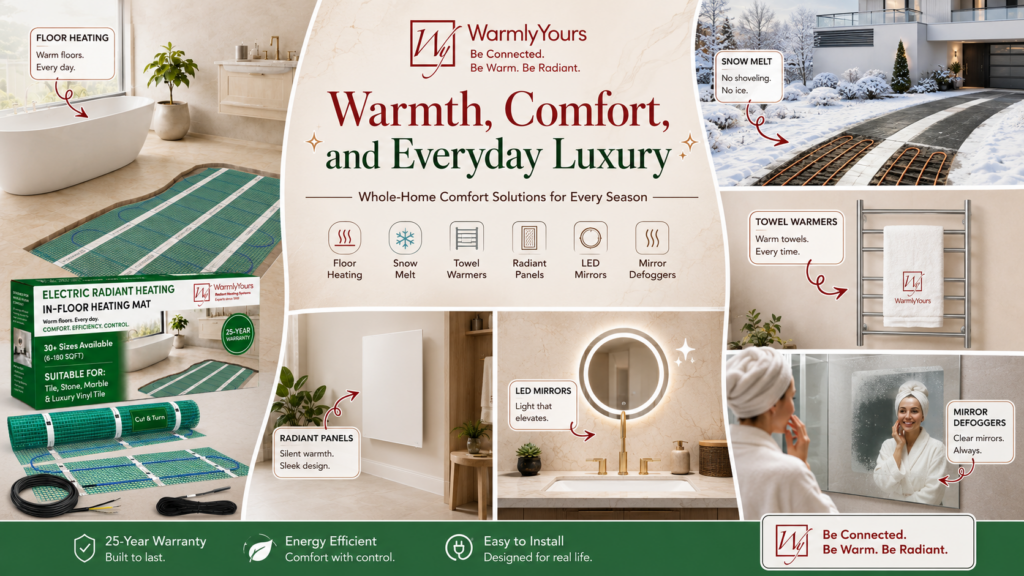WarmlyYours whole-home comfort showcase featuring radiant floor heating, snow melting, a heated towel rack, radiant panel, LED mirror, and mirror defogger in modern indoor and outdoor settings.