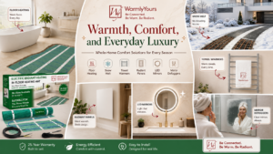 WarmlyYours whole-home comfort showcase featuring radiant floor heating, snow melting, a heated towel rack, radiant panel, LED mirror, and mirror defogger in modern indoor and outdoor settings.