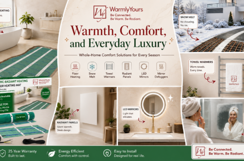 WarmlyYours whole-home comfort showcase featuring radiant floor heating, snow melting, a heated towel rack, radiant panel, LED mirror, and mirror defogger in modern indoor and outdoor settings.