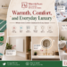 WarmlyYours whole-home comfort showcase featuring radiant floor heating, snow melting, a heated towel rack, radiant panel, LED mirror, and mirror defogger in modern indoor and outdoor settings.