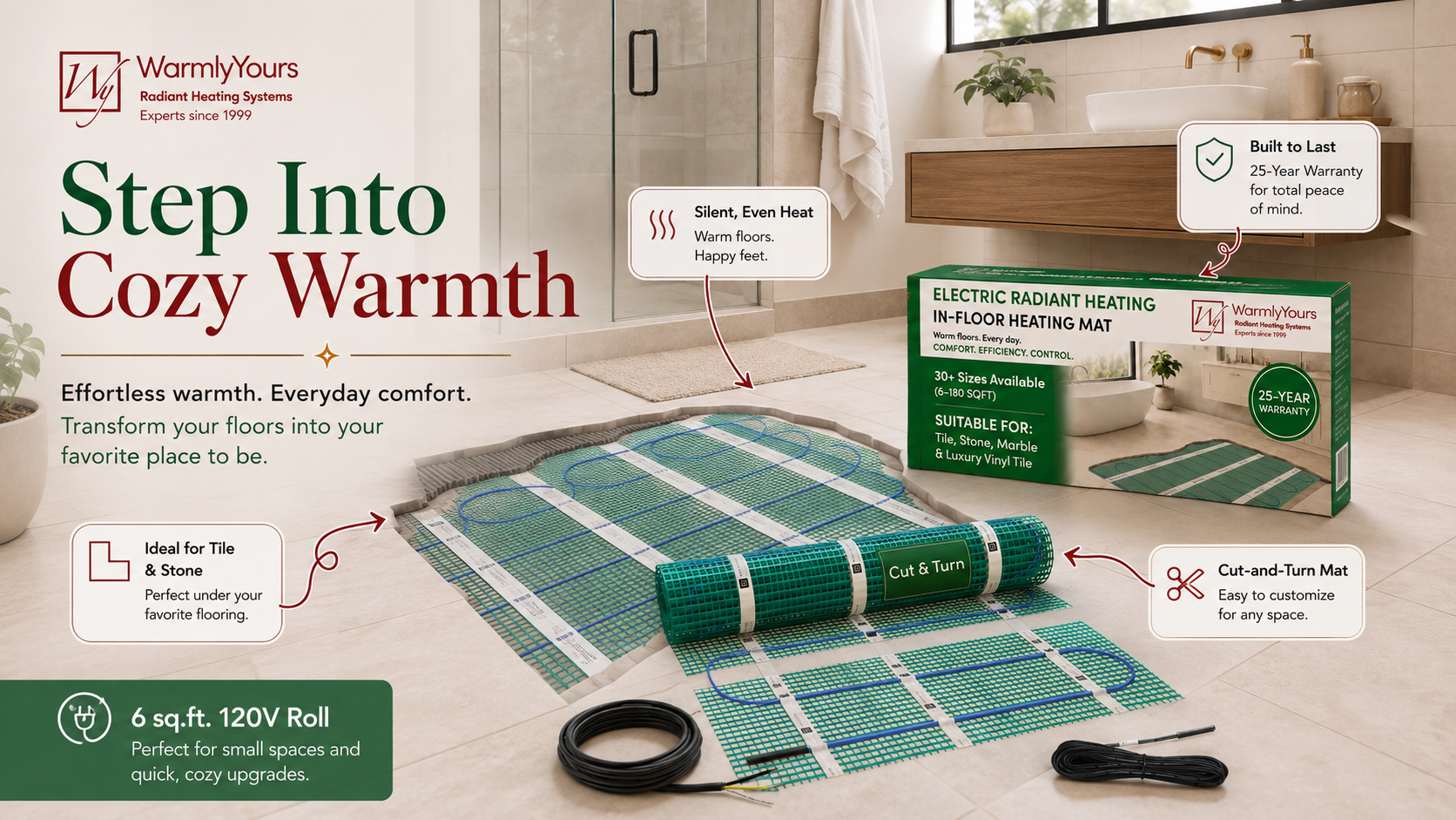 WarmlyYours electric radiant floor heating mat installed in a modern bathroom, featuring a 6 sq. ft. 120V roll, cut-and-turn design, heating cables, and product packaging.