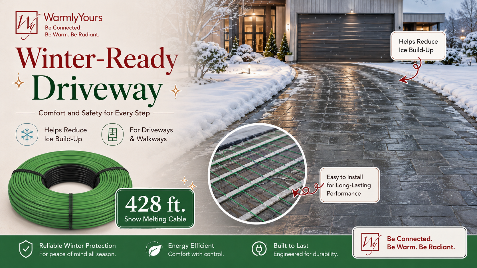 WarmlyYours 428 ft. snow melting cable shown beside a snow-covered modern driveway, with an installation detail illustrating the cable beneath the paving to help reduce ice buildup.