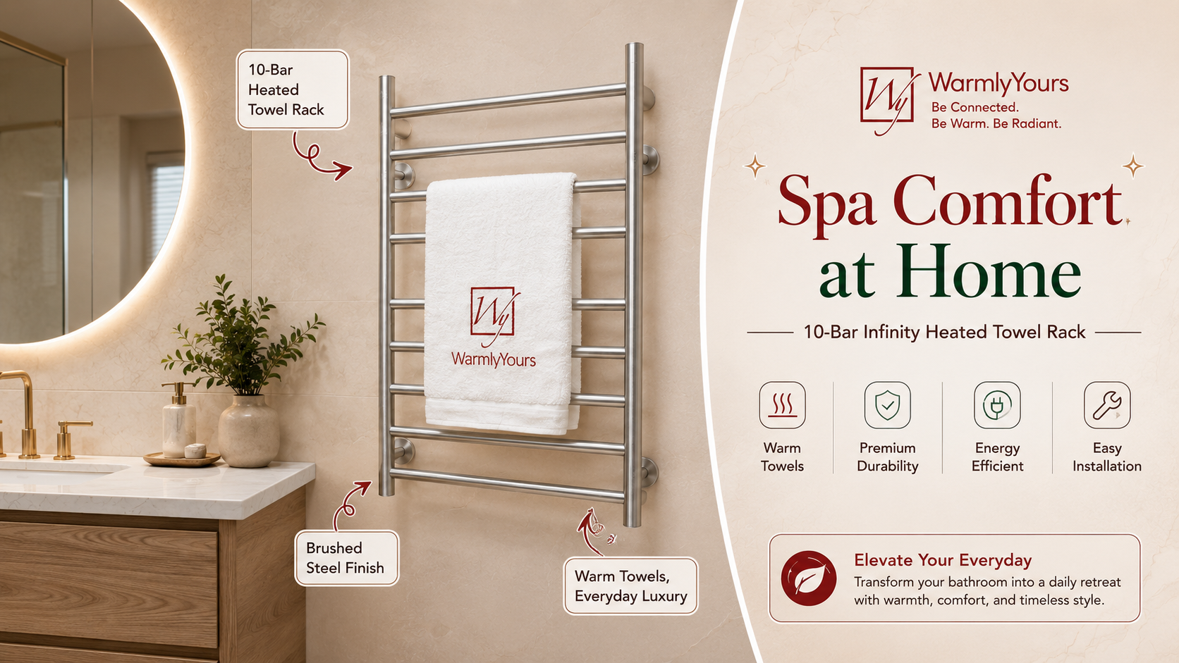 WarmlyYours 10-bar Infinity heated towel rack in brushed steel, mounted in an elegant bathroom with a white towel, highlighting warm towels, durability, and everyday spa-like comfort.