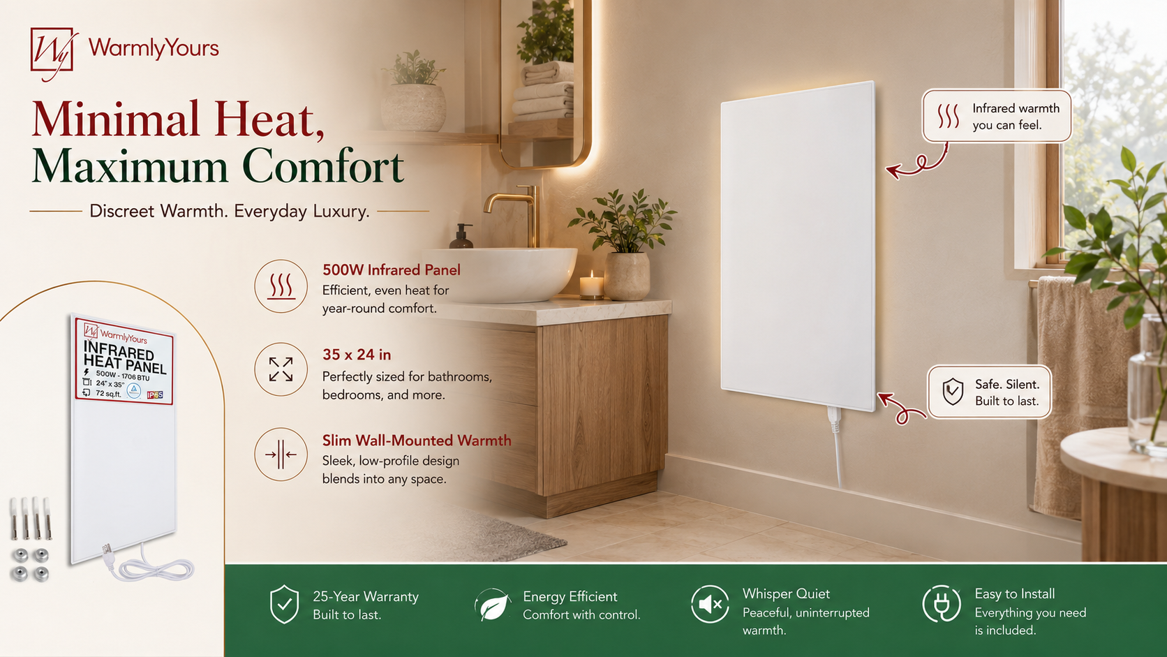 WarmlyYours 500W infrared heating panel mounted on a modern bathroom wall, featuring a slim white design, 35 x 24-inch size, quiet radiant warmth, and minimalist styling.