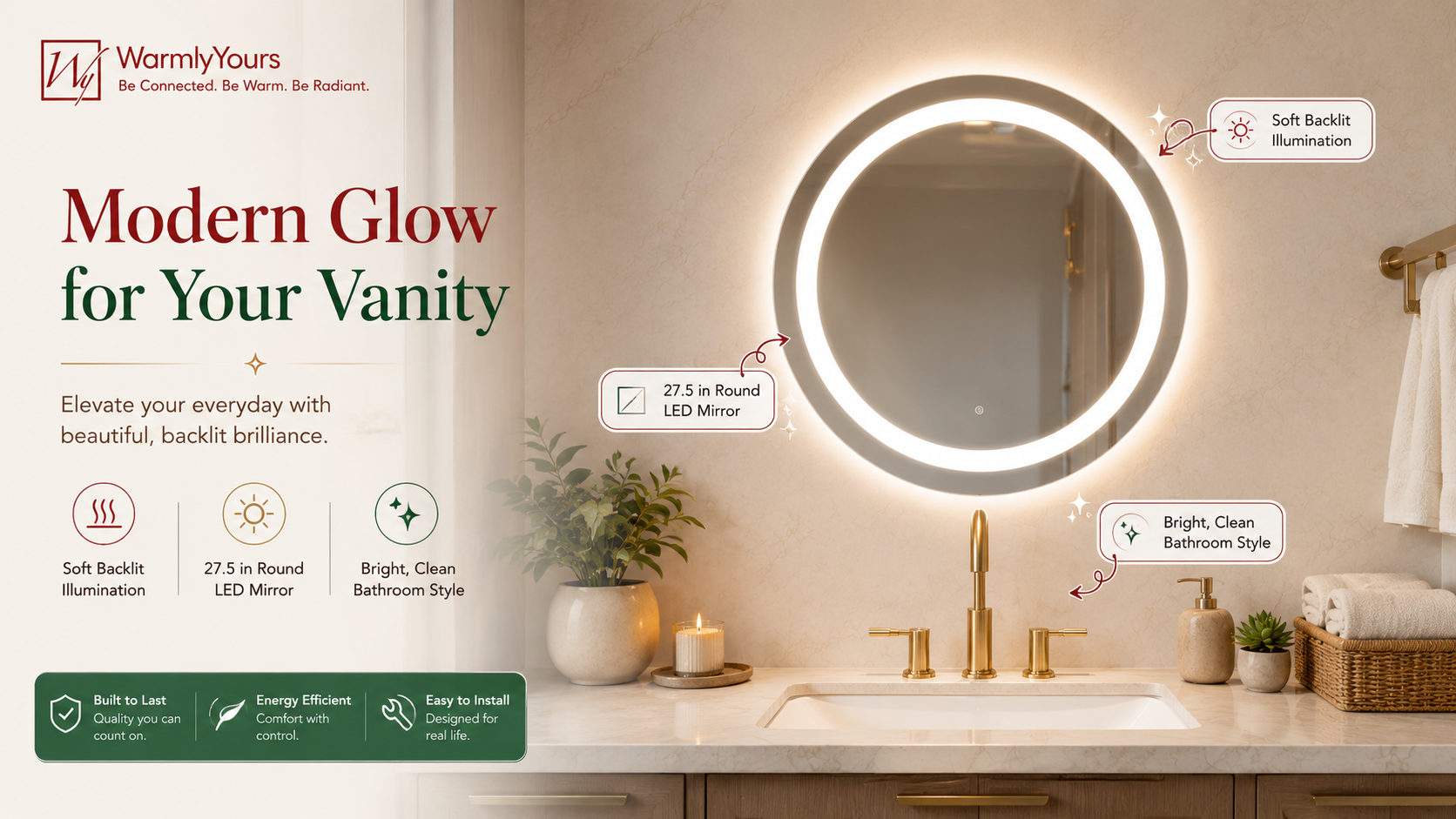 WarmlyYours 27.5-inch round LED mirror glowing above a modern bathroom vanity, with soft backlit illumination, gold fixtures, plants, and warm neutral décor.