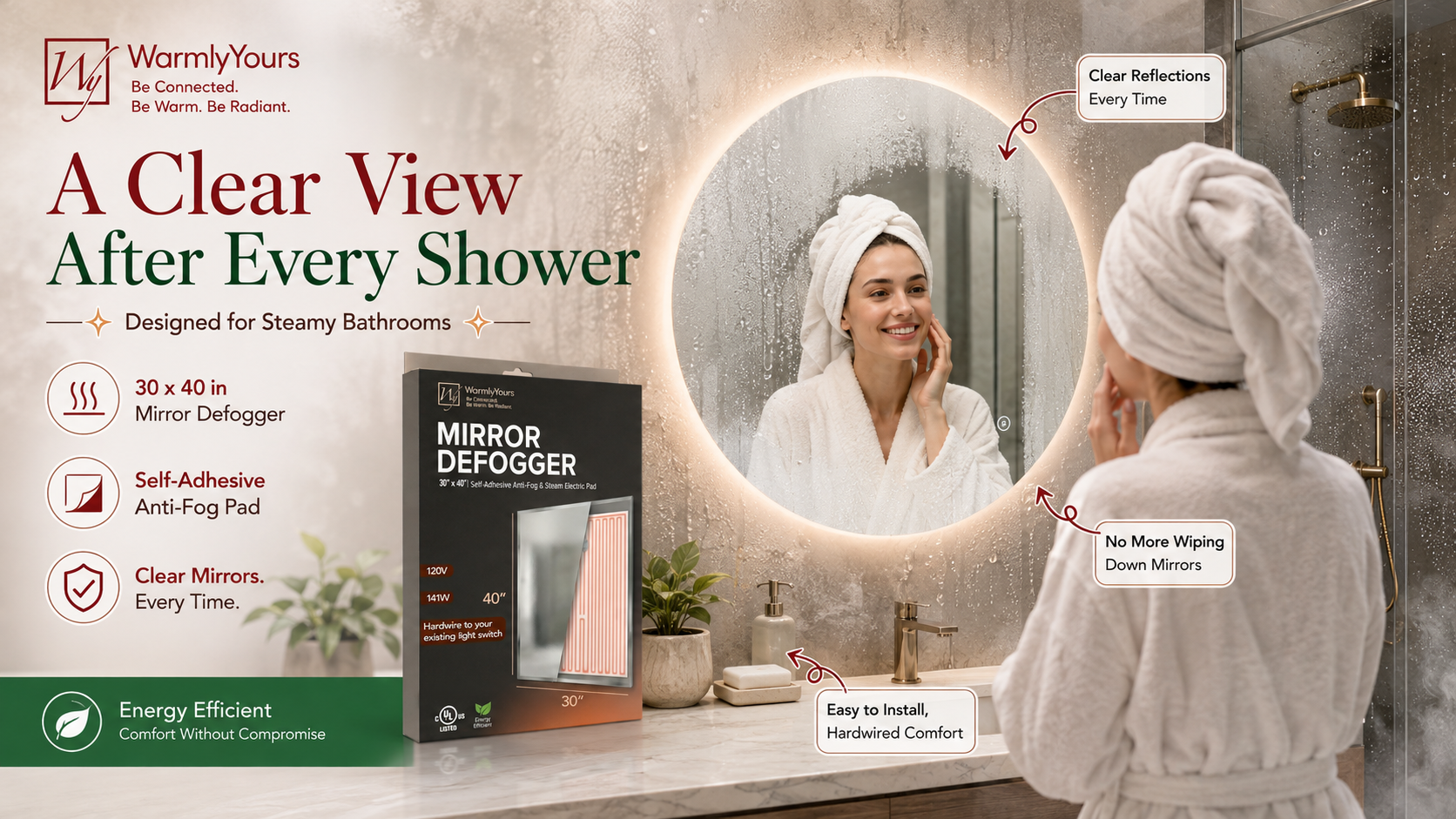 WarmlyYours 30 x 40-inch mirror defogger showcased in a steamy bathroom, keeping the mirror clear after a shower while a woman in a bathrobe looks at her reflection.