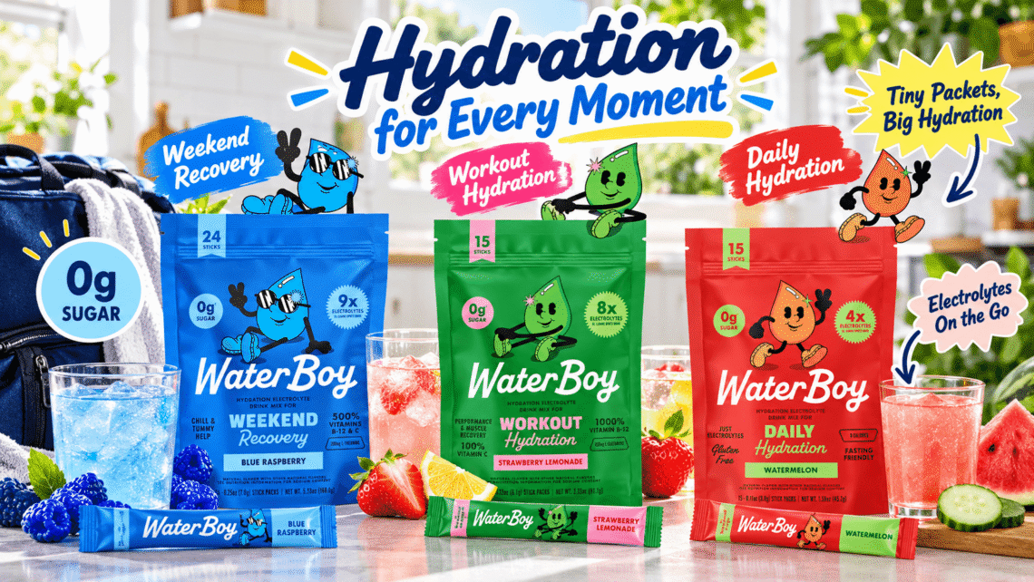 WaterBoy hydration collection displayed on a bright kitchen counter, featuring blue Weekend Recovery, green Workout Hydration, and red Daily Hydration pouches with stick packs, iced drinks, fruit, playful droplet characters, and “Hydration for Every Moment” callouts.