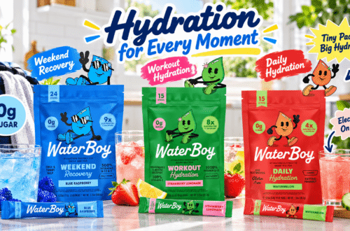 WaterBoy hydration collection displayed on a bright kitchen counter, featuring blue Weekend Recovery, green Workout Hydration, and red Daily Hydration pouches with stick packs, iced drinks, fruit, playful droplet characters, and “Hydration for Every Moment” callouts.