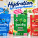 WaterBoy hydration collection displayed on a bright kitchen counter, featuring blue Weekend Recovery, green Workout Hydration, and red Daily Hydration pouches with stick packs, iced drinks, fruit, playful droplet characters, and “Hydration for Every Moment” callouts.
