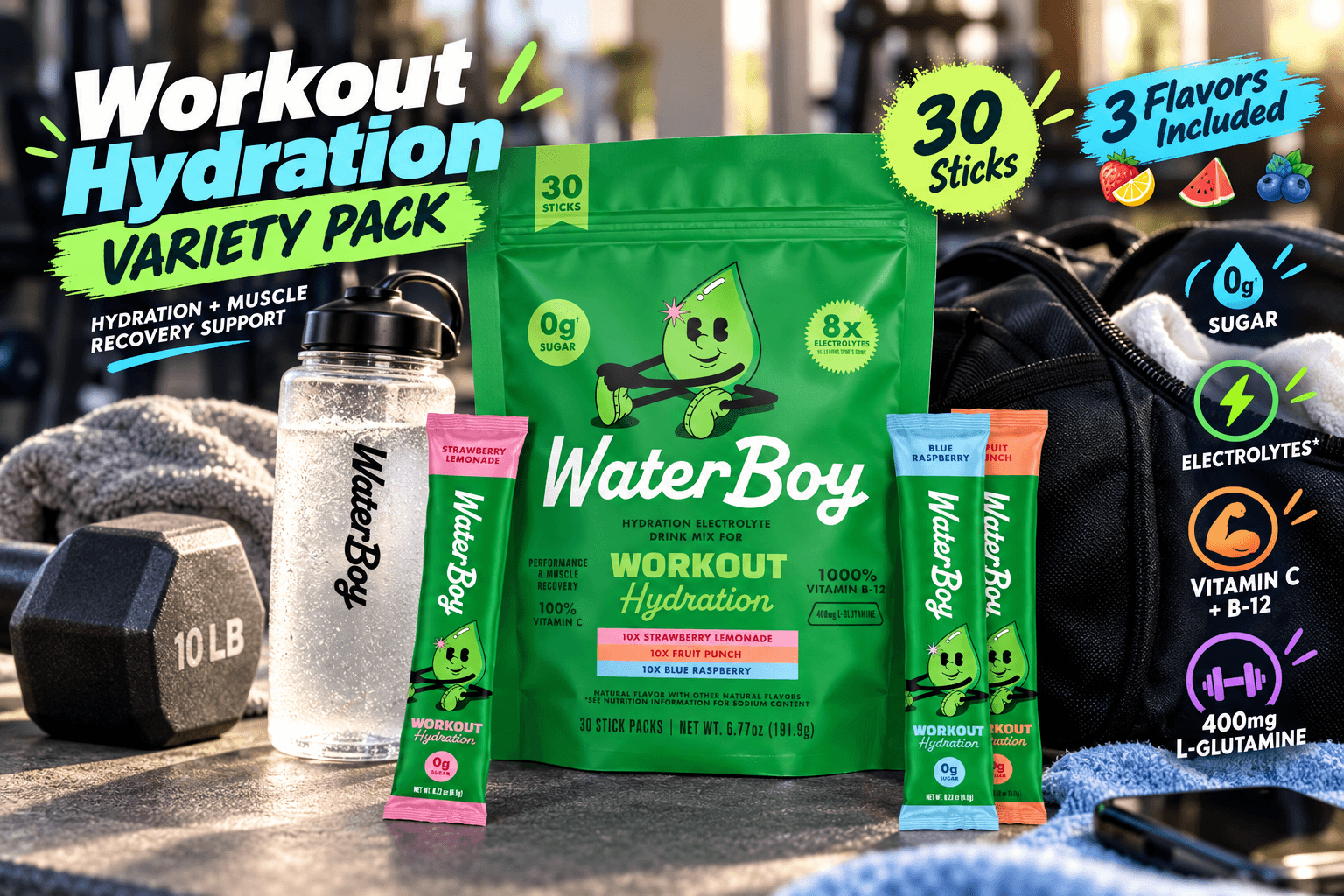 WaterBoy Workout Hydration 30-stick variety pack in a gym setting with Strawberry Lemonade, Blue Raspberry, and Fruit Punch sticks, water bottle, dumbbell, and gym bag, with callouts for 0g sugar, 8x electrolytes, vitamins C and B-12, and 400mg L-glutamine.