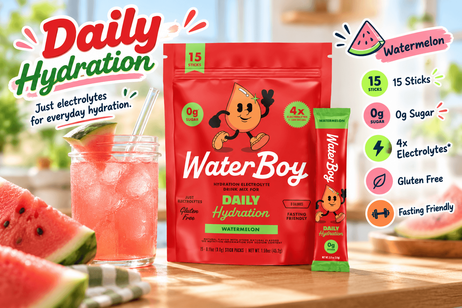 WaterBoy Daily Hydration Watermelon 15-stick pouch on a sunny kitchen counter with watermelon slices and a pink iced drink, surrounded by playful callouts highlighting 0g sugar, 4x electrolytes, gluten-free, and fasting-friendly features.