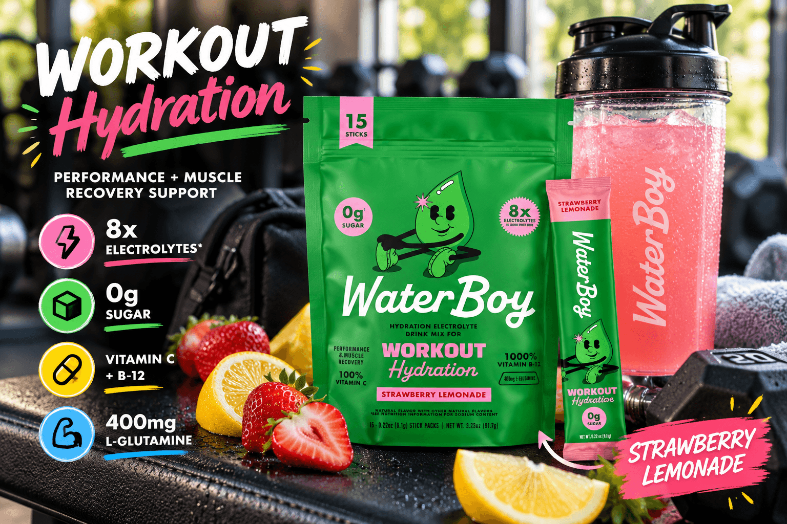 WaterBoy Workout Hydration Strawberry Lemonade pouch in a gym environment with a matching stick pack, pink iced drink, strawberries, lemons, and fitness gear, plus colorful callouts for 15 sticks, 0g sugar, 8x electrolytes, vitamins C and B-12, and 400mg L-glutamine.