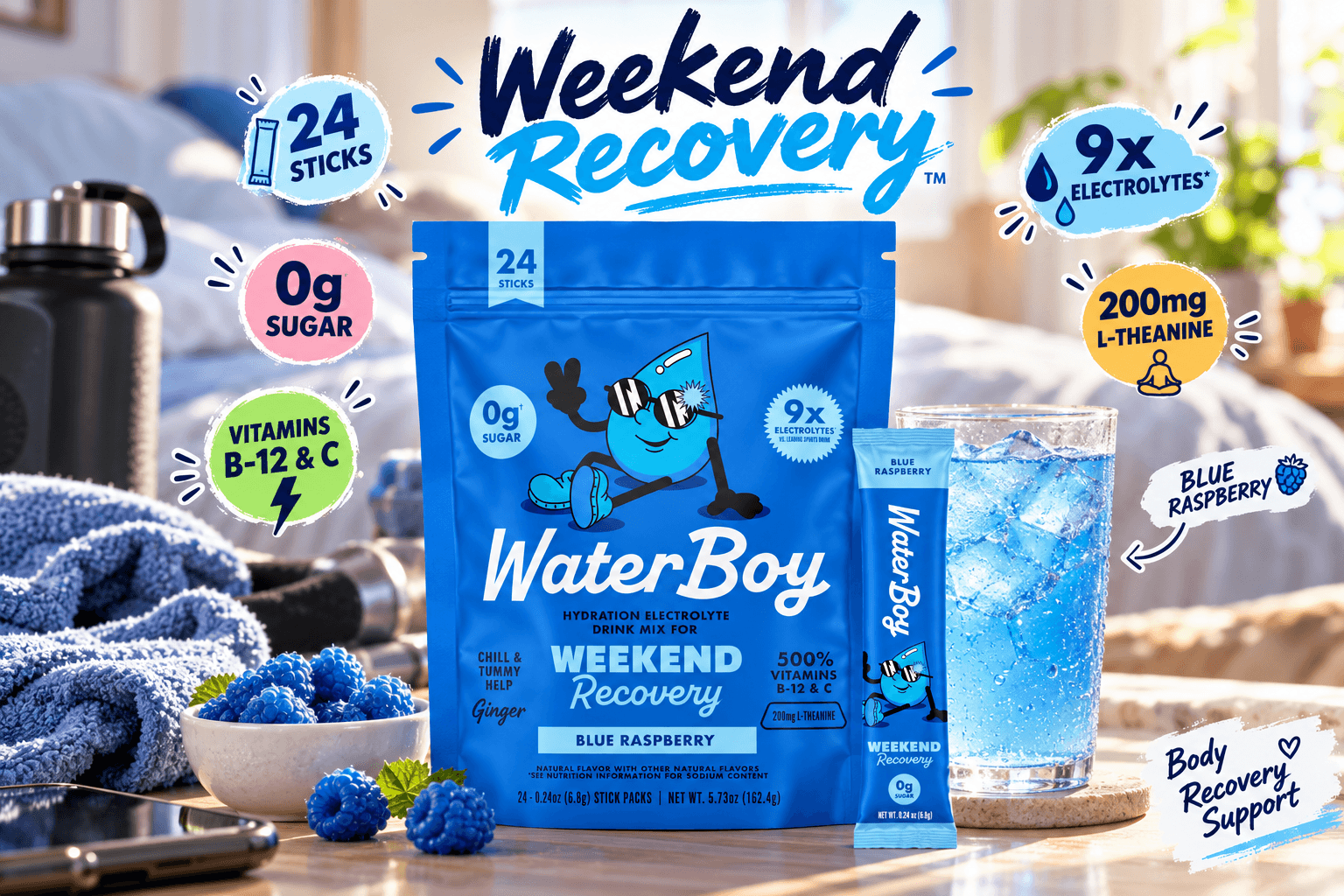 WaterBoy Weekend Recovery Blue Raspberry 24-stick pouch in a relaxed home recovery setting with a blue iced drink, matching stick pack, towel, and blue raspberry accents, with callouts for 0g sugar, 9x electrolytes, vitamins B-12 and C, and 200mg L-theanine.
