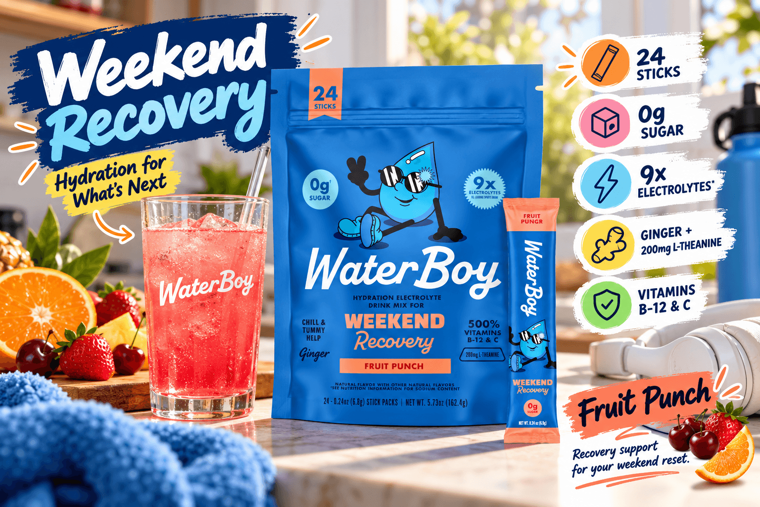 WaterBoy Weekend Recovery Fruit Punch 24-stick pouch on a sunny lifestyle counter with a red iced drink, oranges, strawberries, cherries, and headphones, featuring graphic callouts for 0g sugar, 9x electrolytes, ginger, 200mg L-theanine, and vitamins B-12 and C.