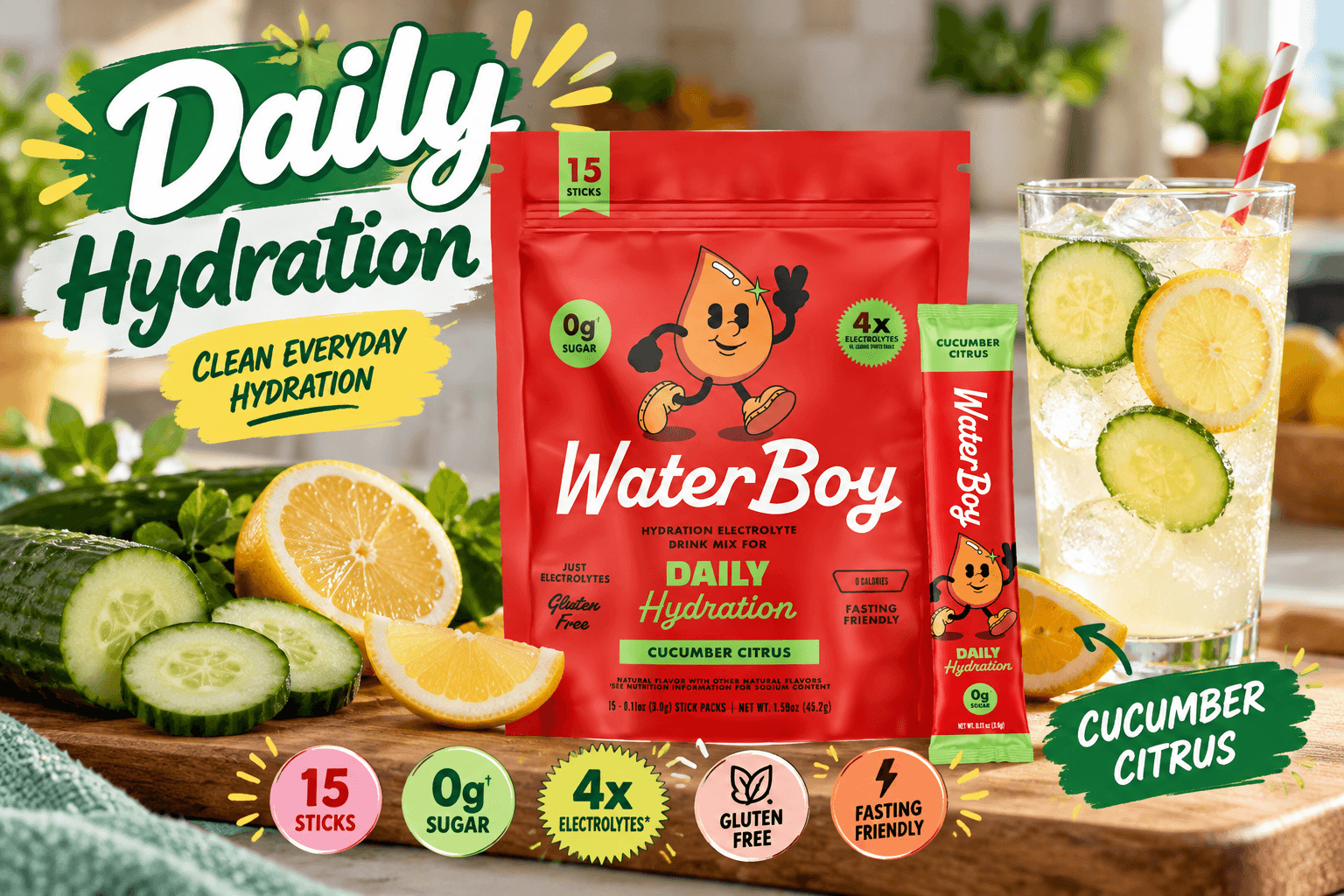 WaterBoy Daily Hydration Cucumber Citrus 15-stick pouch on a fresh kitchen counter with cucumber, lemon, and an iced cucumber-citrus drink, accompanied by colorful callouts highlighting 0g sugar, 4x electrolytes, gluten-free, and fasting-friendly features.