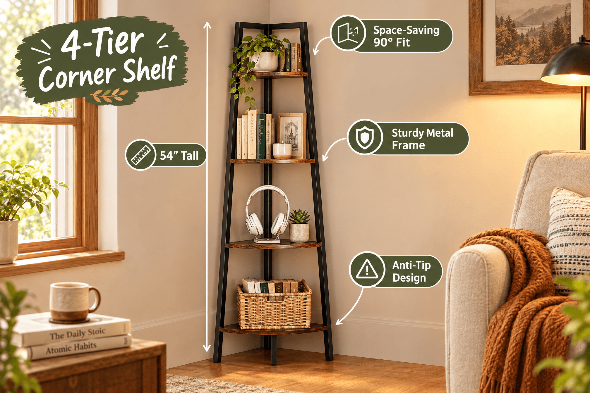 Yoobure 4-tier industrial ladder corner shelf, 54 inches tall, in a cozy reading corner with books, headphones and a plant, callouts for space-saving 90-degree fit, sturdy metal frame and anti-tip design.