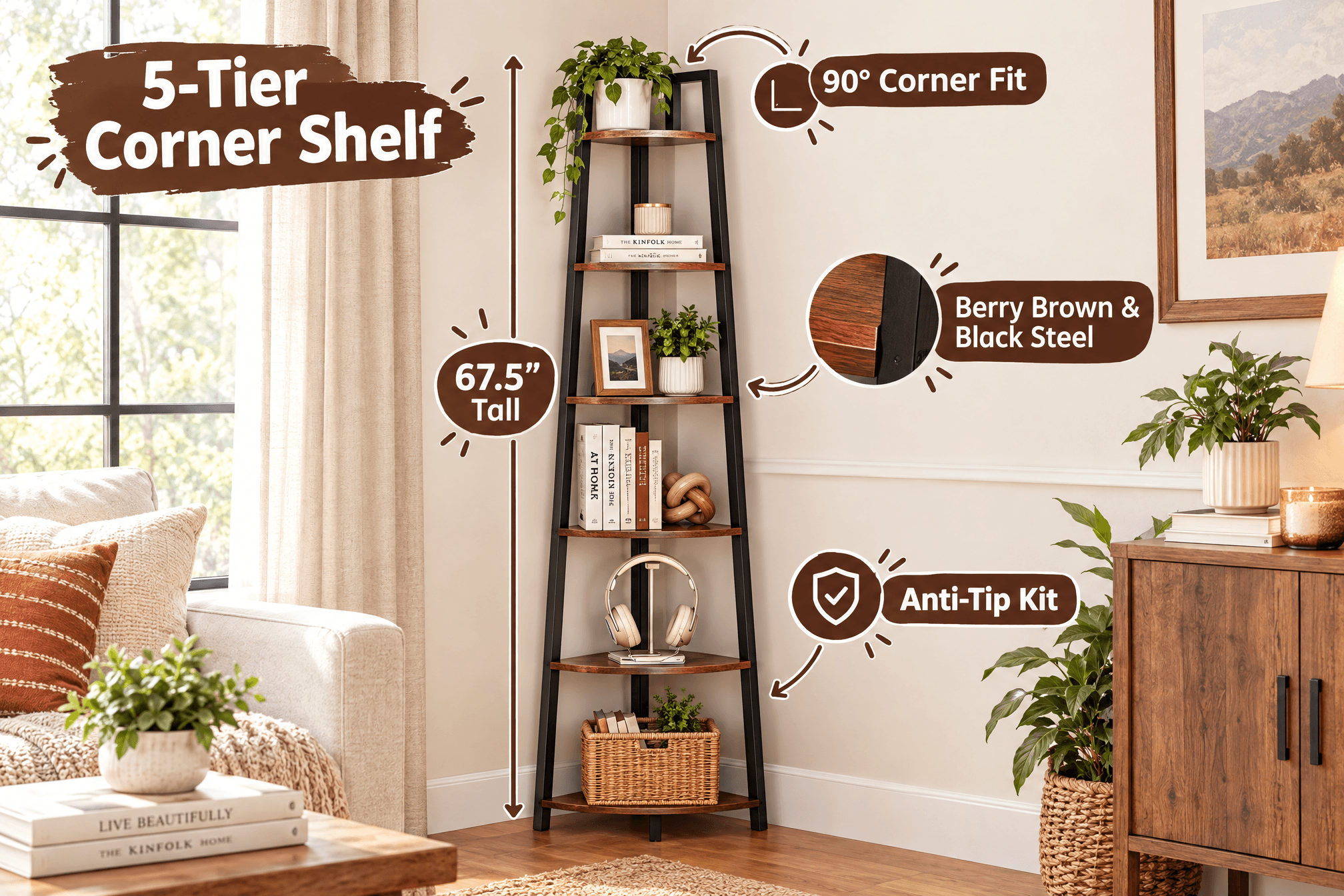 Yoobure 5-tier industrial corner shelf, 67.5 inches tall, styled with books and plants in a bright living-room corner, callouts highlighting 90-degree corner fit, berry brown wood, black steel frame and anti-tip kit.