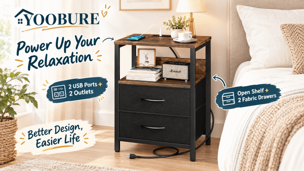 Yoobure rustic brown nightstand with charging station beside a cozy bed in a bright modern-rustic bedroom, promotional hero image with callouts “Power Up Your Relaxation,” 2 USB ports, 2 outlets, open shelf and two fabric drawers.