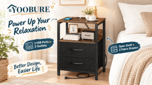 Yoobure rustic brown nightstand with charging station beside a cozy bed in a bright modern-rustic bedroom, promotional hero image with callouts “Power Up Your Relaxation,” 2 USB ports, 2 outlets, open shelf and two fabric drawers.