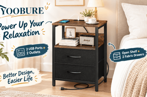 Yoobure rustic brown nightstand with charging station beside a cozy bed in a bright modern-rustic bedroom, promotional hero image with callouts “Power Up Your Relaxation,” 2 USB ports, 2 outlets, open shelf and two fabric drawers.
