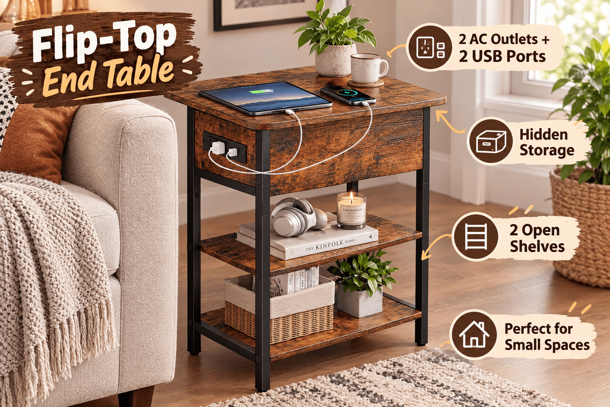 Yoobure rustic brown flip-top end table with charging station next to a sofa in a living room, phone and tablet charging, callouts for 2 AC outlets, 2 USB ports, hidden storage, two open shelves and small-space design.
