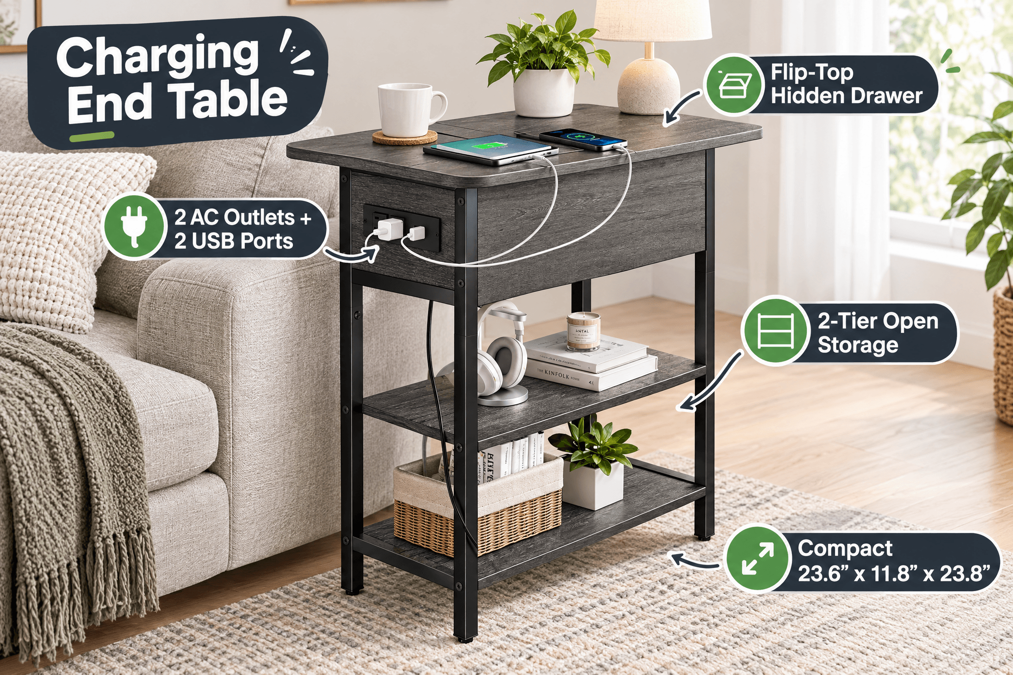 Yoobure charcoal gray flip-top end table with charging station beside a sofa in a small living room, callouts for 2 AC outlets, 2 USB ports, hidden flip-top drawer, two-tier open storage and compact dimensions.
